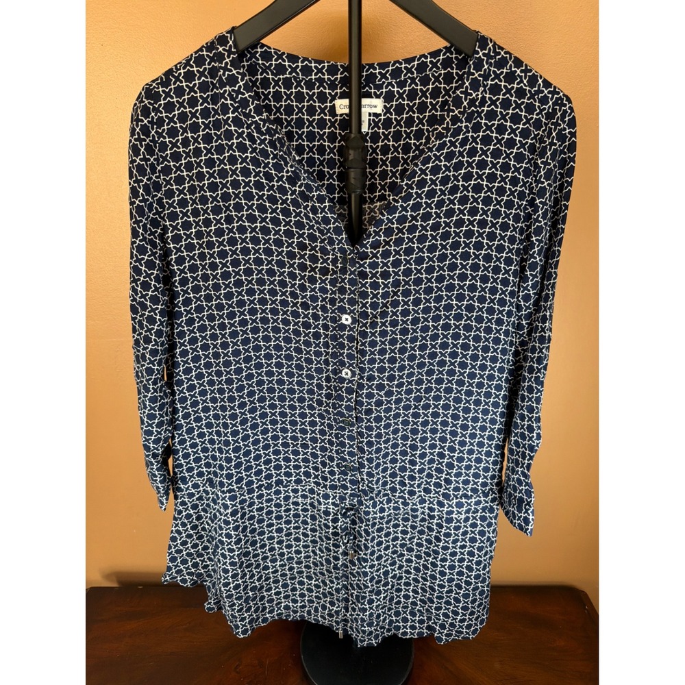 Croft & Barrow Womens Navy Blue White Geometric Tile Print 3/4 Sleeve Blouse M